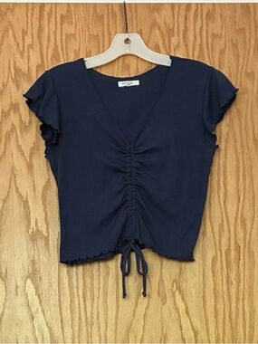 Antistar Blue Ruched V-Neck Crop Top